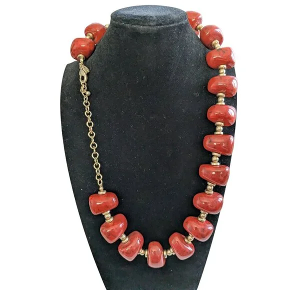 Red Beaded Necklace & Earrings Set With Gold Details By Chicos - Adjustable Chai - Picture 9 of 12